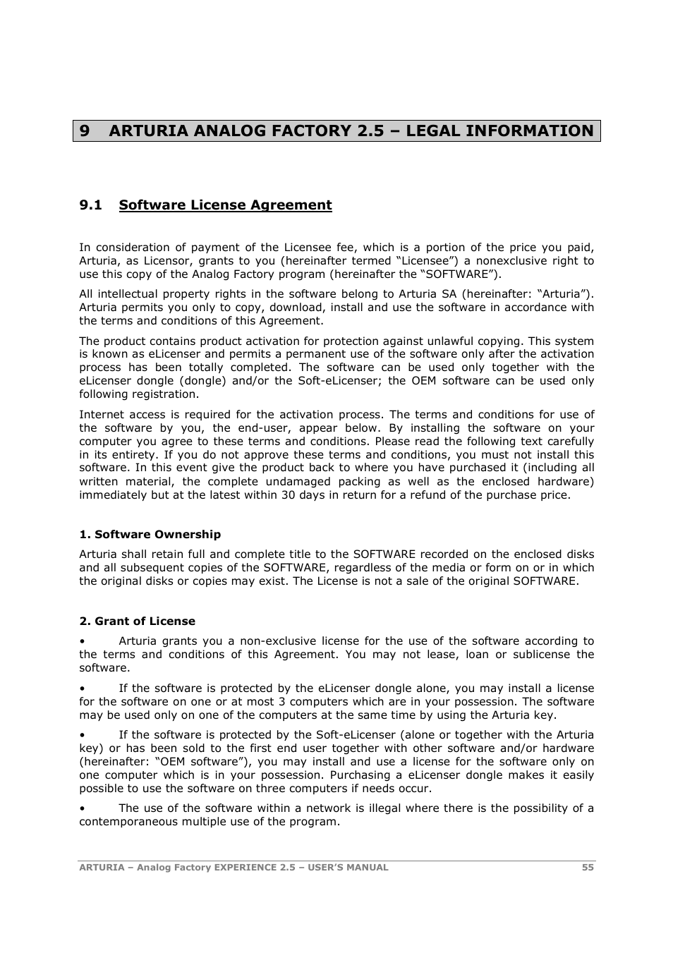 9 arturia analog factory 2.5 – legal information | Arturia 2.5 User Manual | Page 55 / 60