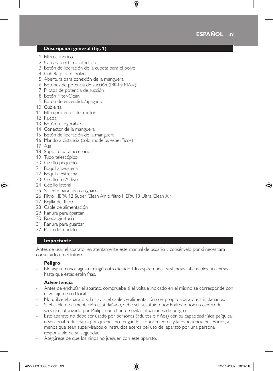 Philips Aspirateur sans sac User Manual | Page 39 / 116