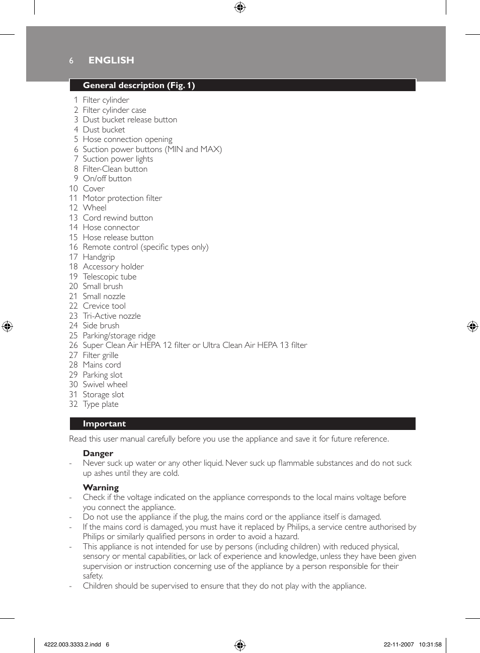 Philips Aspirateur sans sac User Manual | Page 6 / 116