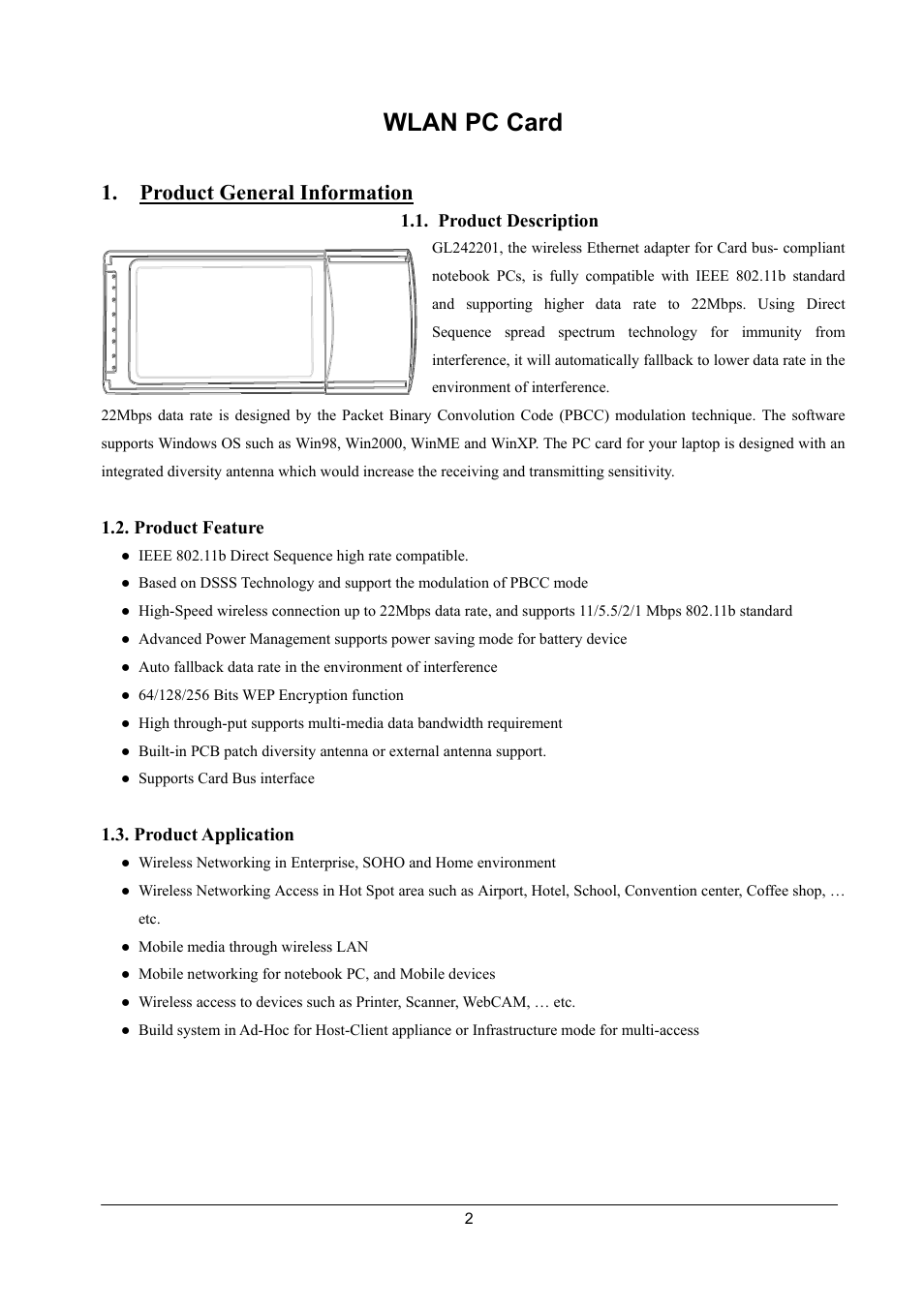 Wlan pc card, Product general information | Alloy Computer Products GL242201 User Manual | Page 2 / 10