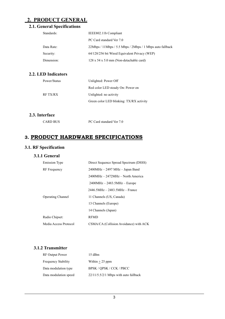 Product general, Product hardware specifications, General specifications | Led indicators, Interface, Rf specification, 1 general, 2 transmitter | Alloy Computer Products GL242201 User Manual | Page 3 / 10
