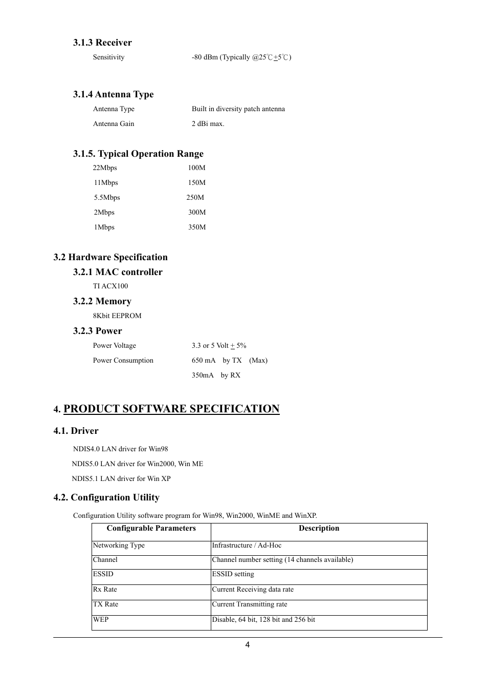 Product software specification, 3 receiver, 4 antenna type | Typical operation range, 2 hardware specification 3.2.1 mac controller, 3 power, Driver, Configuration utility | Alloy Computer Products GL242201 User Manual | Page 4 / 10