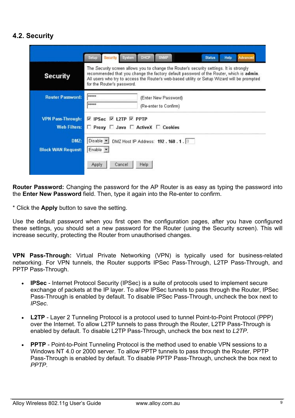 Security | Alloy Computer Products WLF2454AP-S User Manual | Page 10 / 30