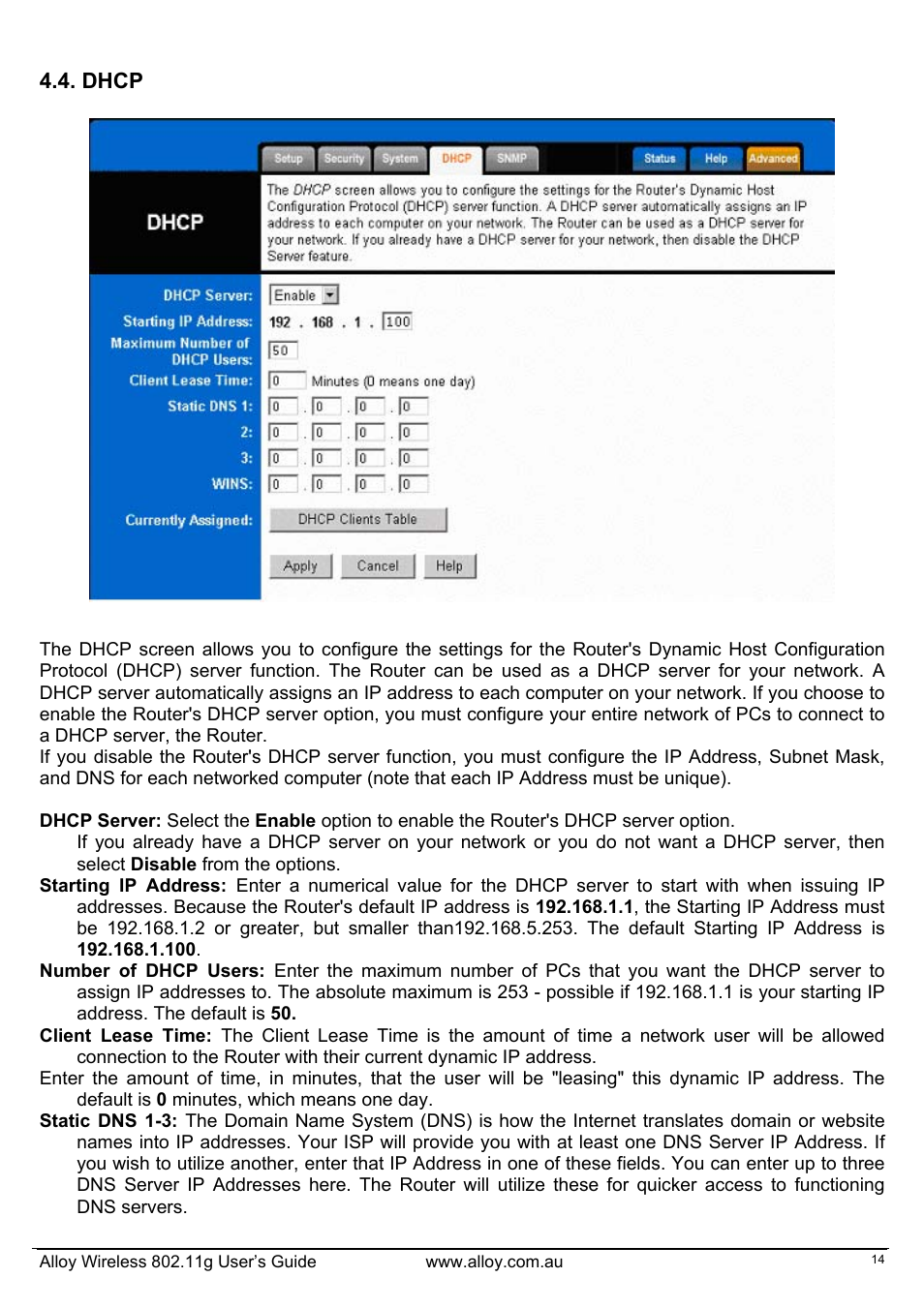 Dhcp | Alloy Computer Products WLF2454AP-S User Manual | Page 15 / 30