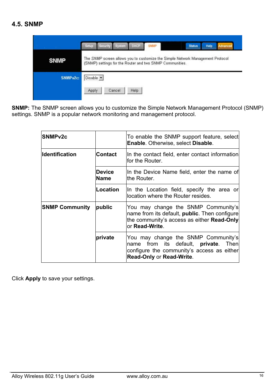 Snmp | Alloy Computer Products WLF2454AP-S User Manual | Page 17 / 30