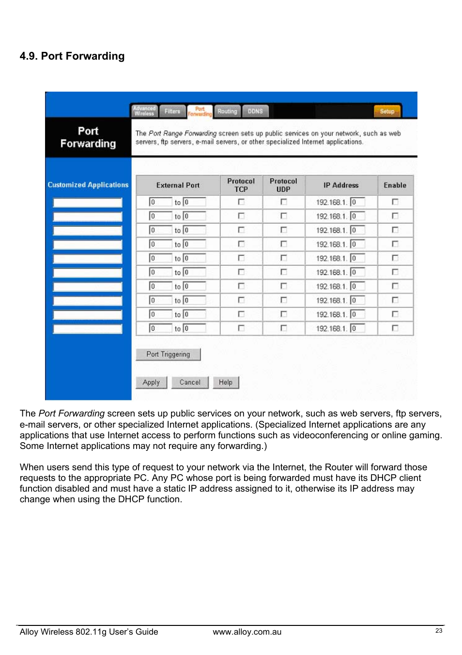 Port forwarding | Alloy Computer Products WLF2454AP-S User Manual | Page 24 / 30
