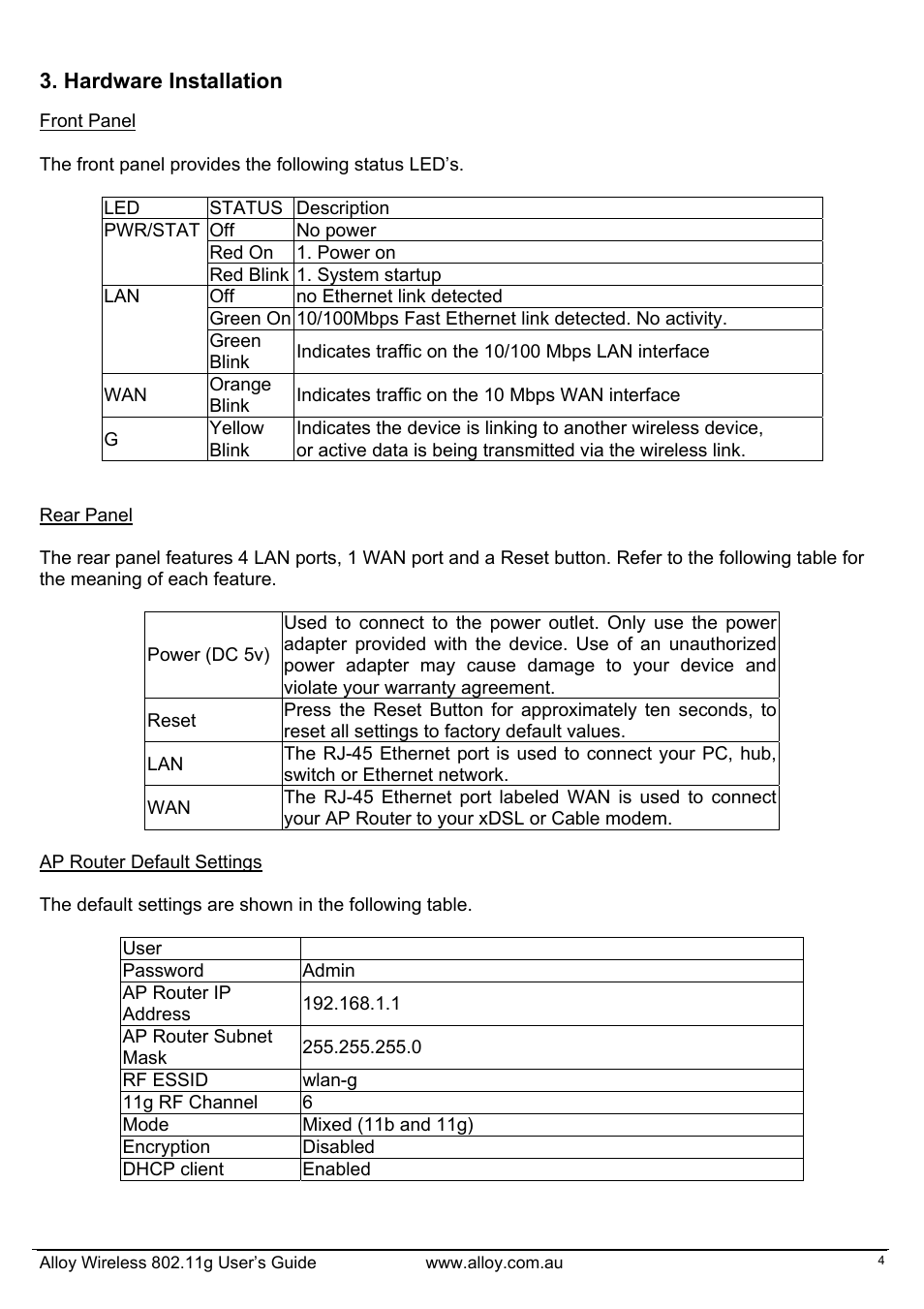 Hardware installation | Alloy Computer Products WLF2454AP-S User Manual | Page 5 / 30