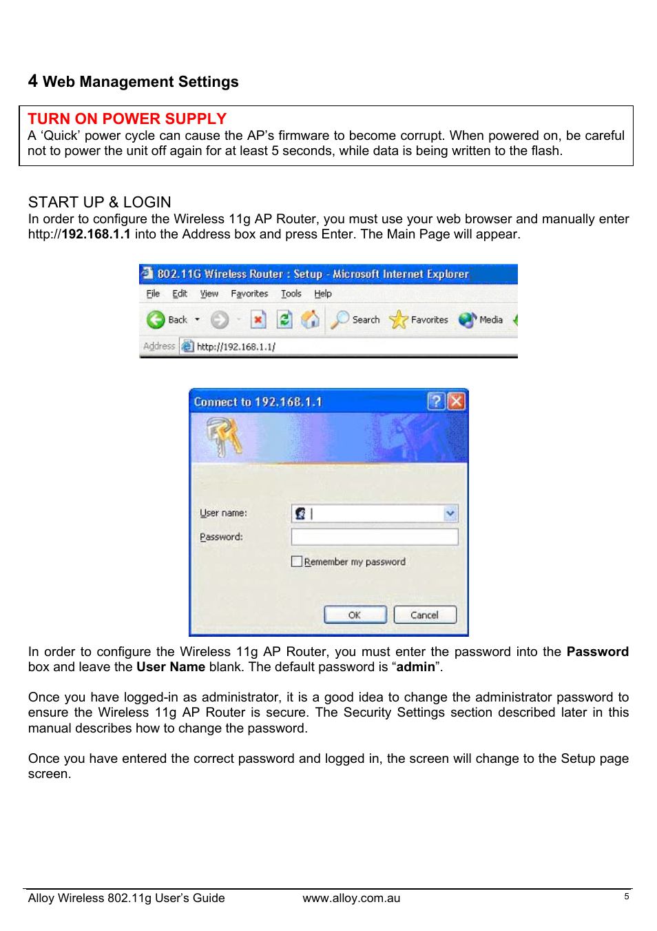 Web management settings, Start up & login, Turn on power supply | Alloy Computer Products WLF2454AP-S User Manual | Page 6 / 30
