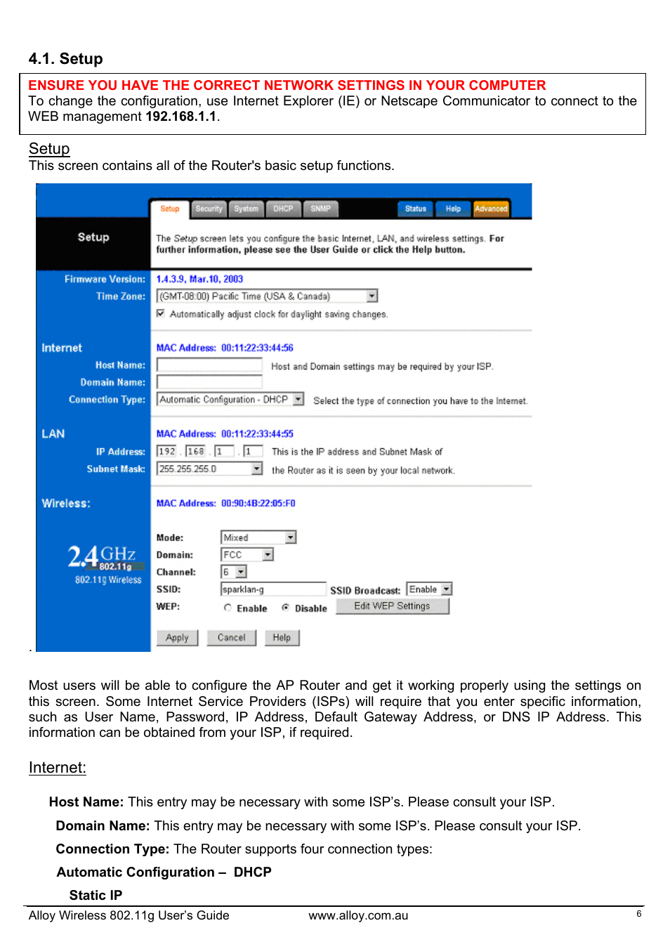 Setup, Internet | Alloy Computer Products WLF2454AP-S User Manual | Page 7 / 30