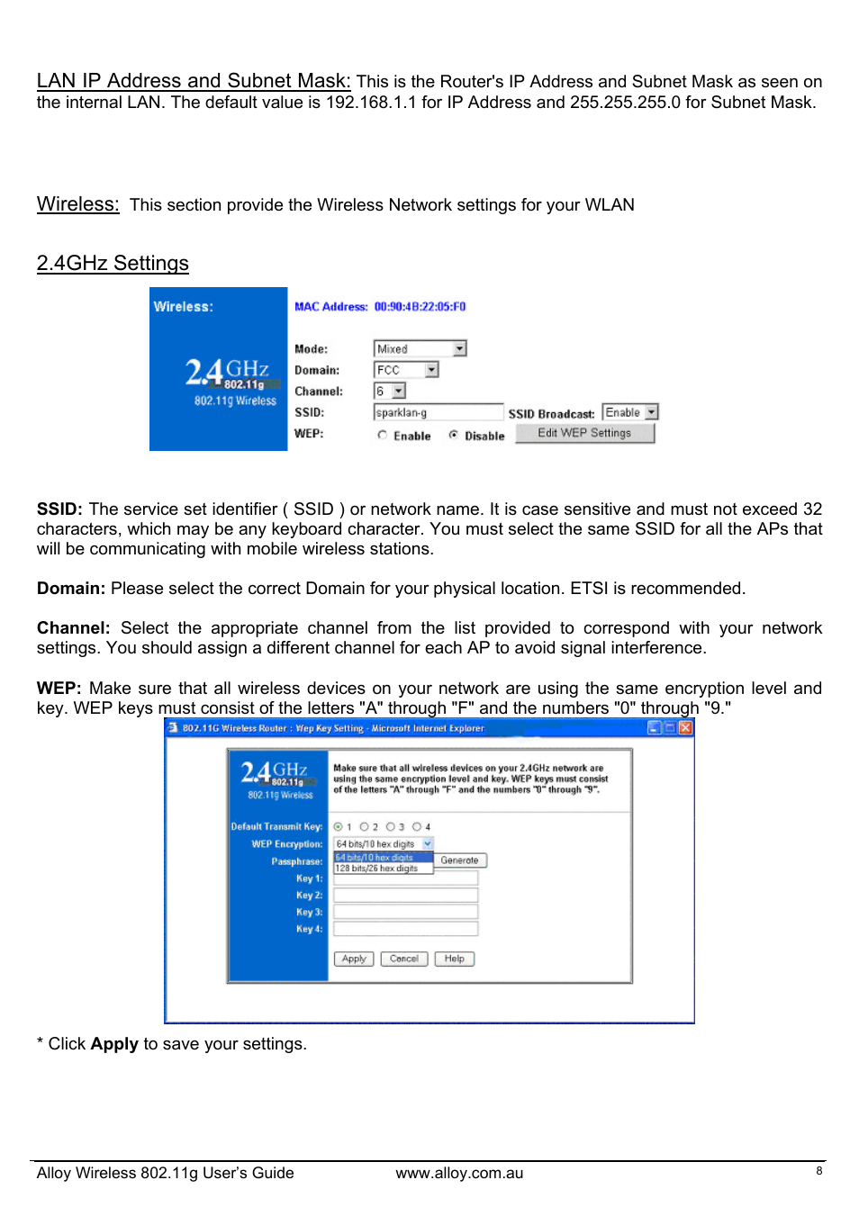 4ghz settings | Alloy Computer Products WLF2454AP-S User Manual | Page 9 / 30