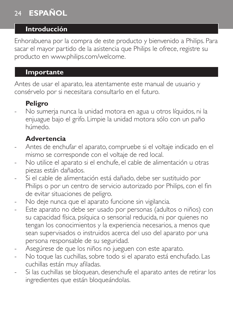 Peligro, Advertencia, Español | Introducción, Importante | Philips Mixeur plongeant User Manual | Page 24 / 68
