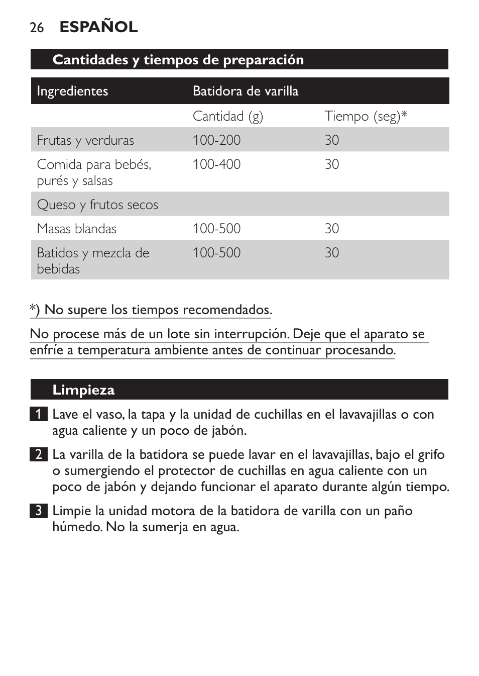 Cantidades y tiempos de preparación, Limpieza | Philips Mixeur plongeant User Manual | Page 26 / 68