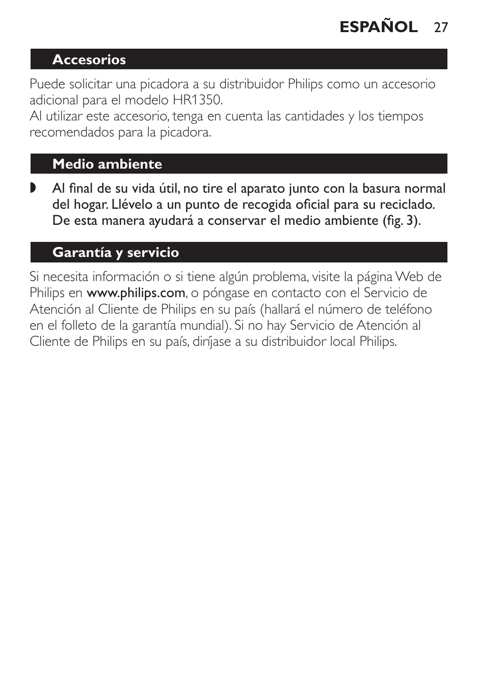 Leche de soja, Accesorios, Medio ambiente | Garantía y servicio, Receta | Philips Mixeur plongeant User Manual | Page 27 / 68