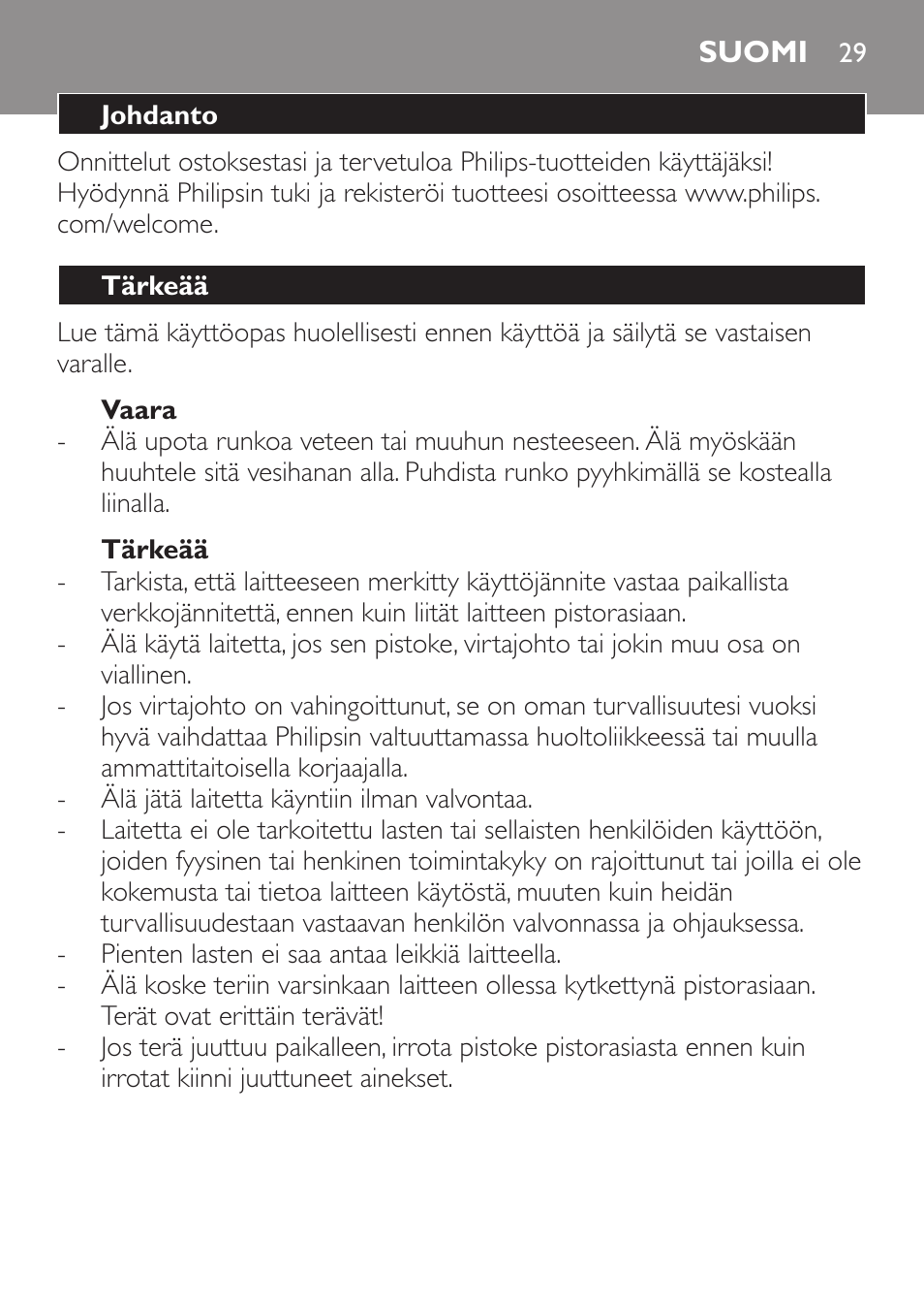 Vaara, Tärkeää, Varoitus | Suomi, Johdanto | Philips Mixeur plongeant User Manual | Page 29 / 68