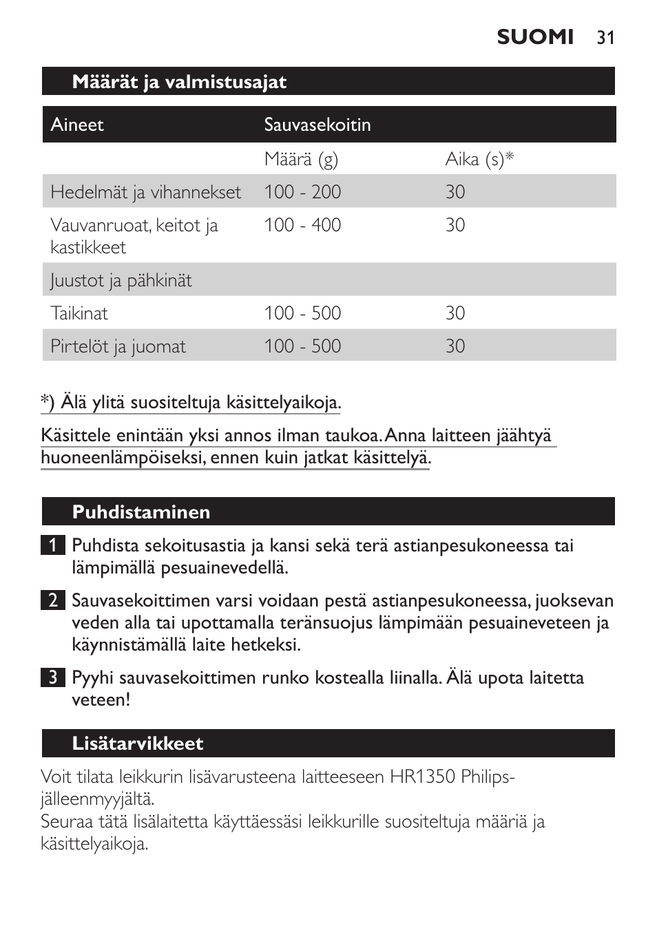 Puhdistaminen, Lisätarvikkeet | Philips Mixeur plongeant User Manual | Page 31 / 68