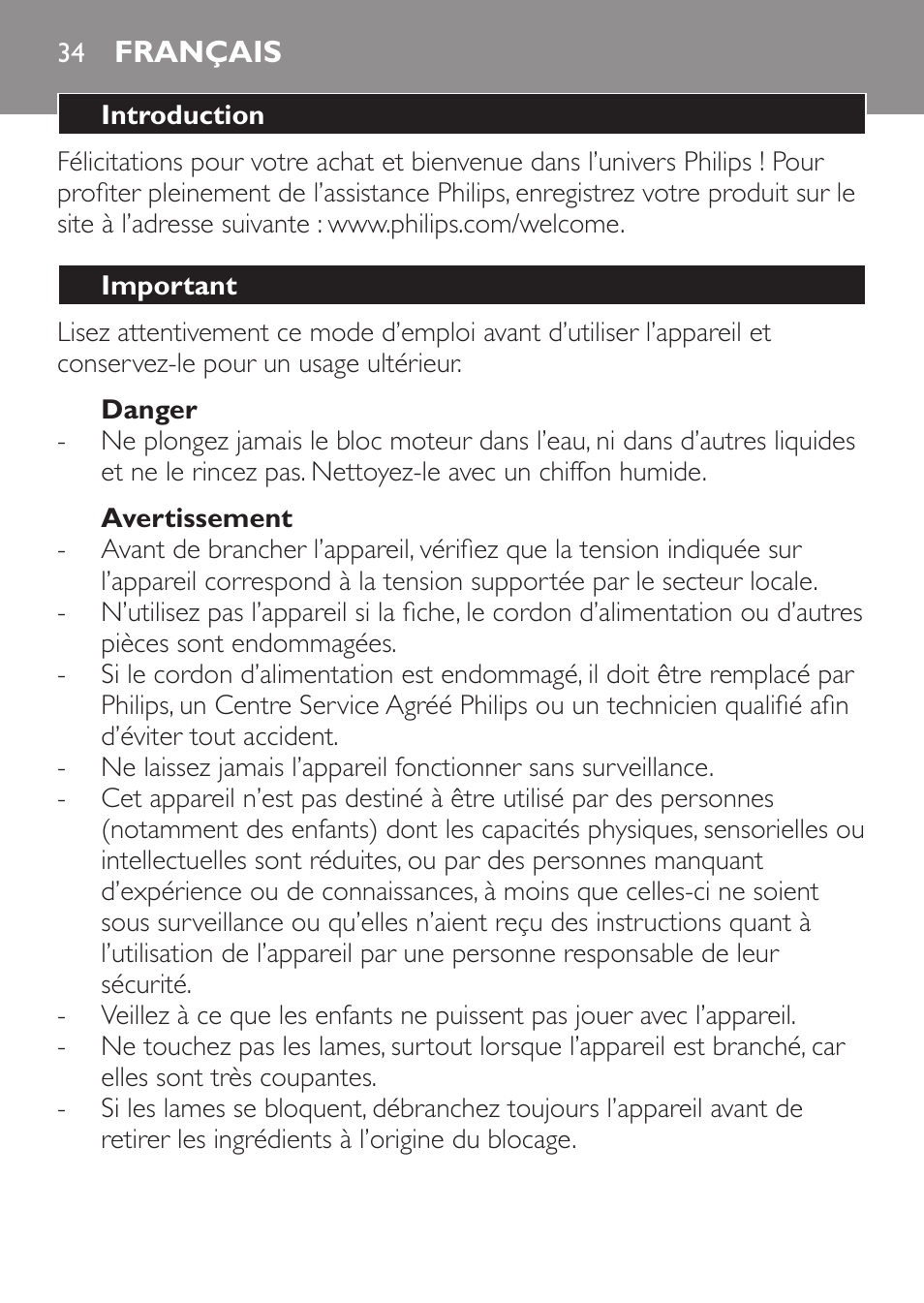 Danger, Avertissement, Français | Introduction, Important | Philips Mixeur plongeant User Manual | Page 34 / 68
