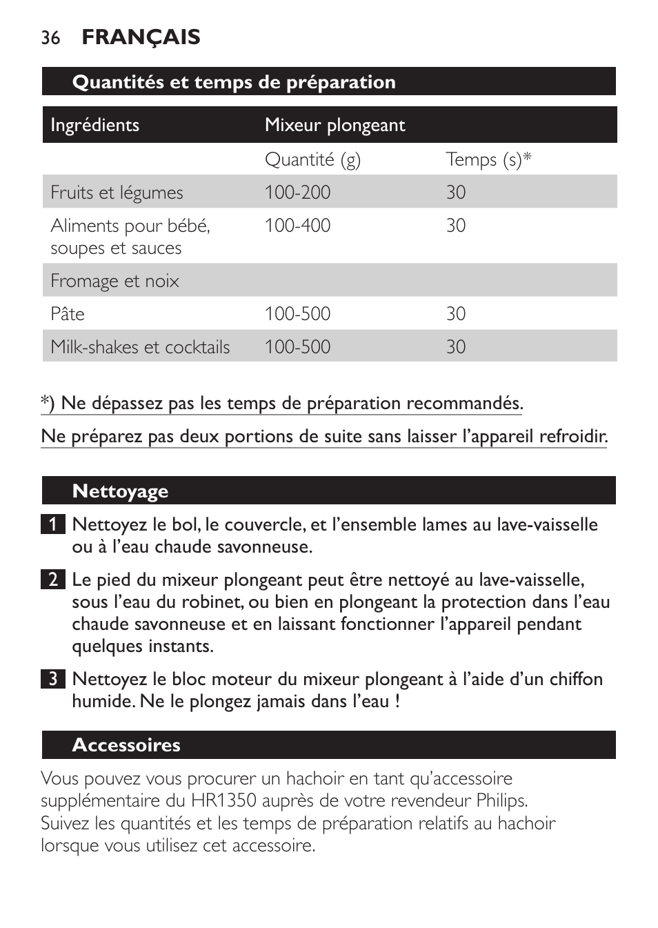 Quantités et temps de préparation, Nettoyage | Philips Mixeur plongeant User Manual | Page 36 / 68