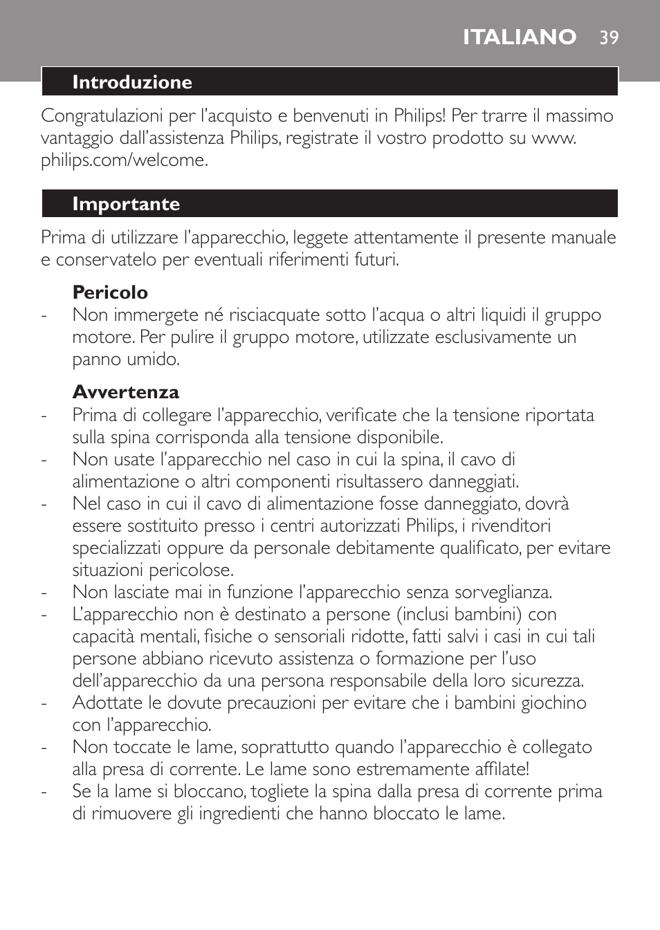 Pericolo, Avvertenza, Italiano | Introduzione, Importante | Philips Mixeur plongeant User Manual | Page 39 / 68