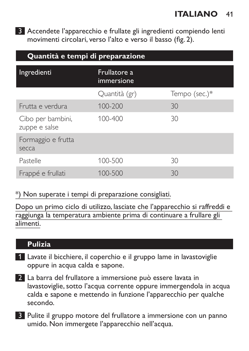 Quantità e tempi di preparazione, Pulizia | Philips Mixeur plongeant User Manual | Page 41 / 68