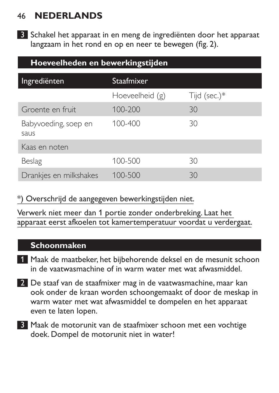 Hoeveelheden en bewerkingstijden, Schoonmaken | Philips Mixeur plongeant User Manual | Page 46 / 68