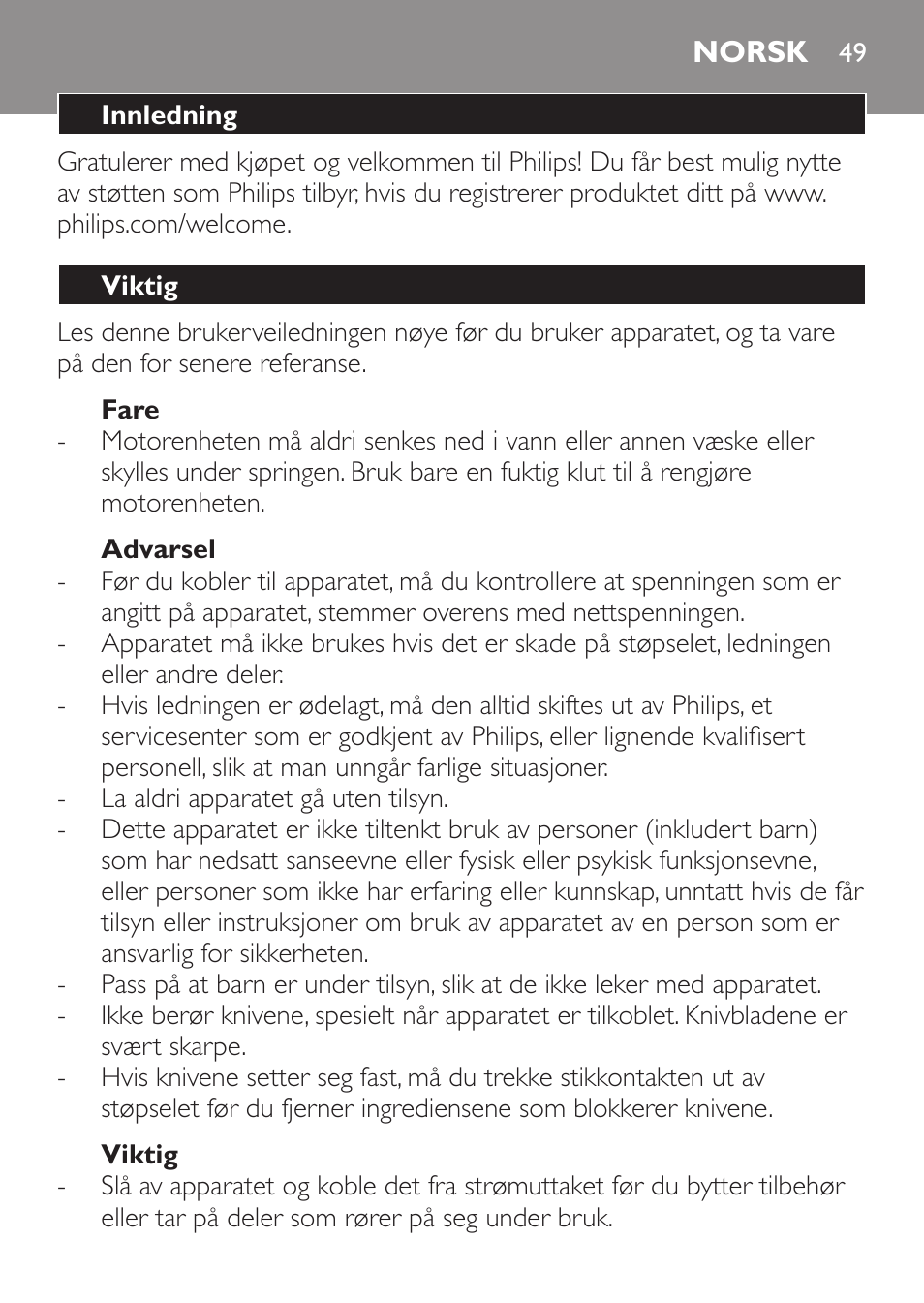 Fare, Advarsel, Viktig | Norsk, Innledning | Philips Mixeur plongeant User Manual | Page 49 / 68