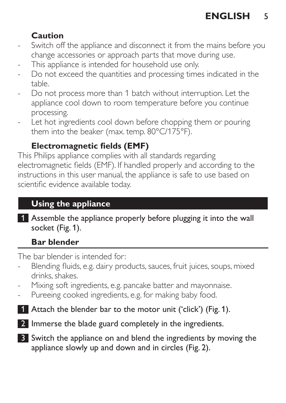 Electromagnetic fields (emf), Using the appliance, Bar blender | Quantities and preparation times | Philips Mixeur plongeant User Manual | Page 5 / 68