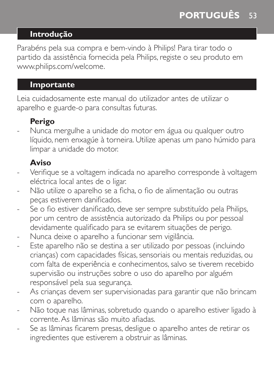 Perigo, Aviso, Português | Introdução, Importante | Philips Mixeur plongeant User Manual | Page 53 / 68