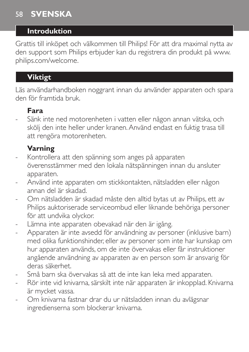 Fara, Varning, Svenska | Introduktion, Viktigt | Philips Mixeur plongeant User Manual | Page 58 / 68