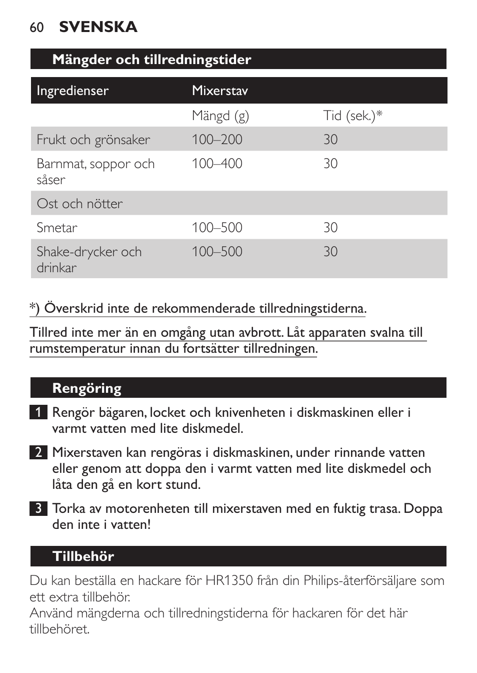 Mängder och tillredningstider, Rengöring | Philips Mixeur plongeant User Manual | Page 60 / 68