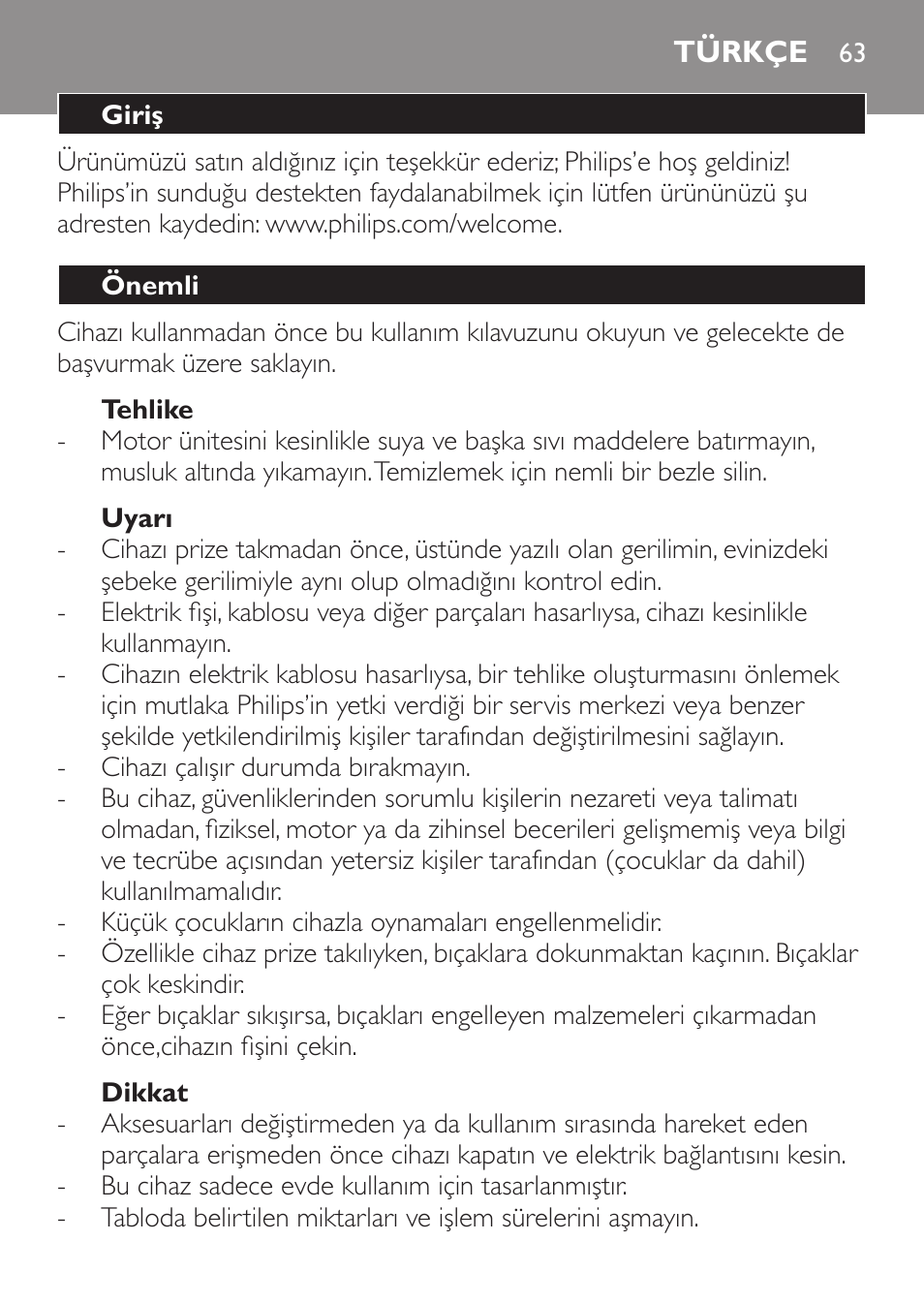 Tehlike, Uyarı, Dikkat | Türkçe, Giriş, Önemli | Philips Mixeur plongeant User Manual | Page 63 / 68