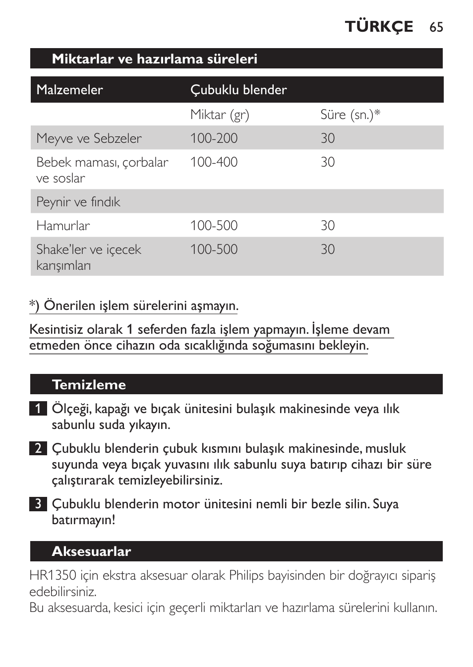 Temizleme, Aksesuarlar | Philips Mixeur plongeant User Manual | Page 65 / 68