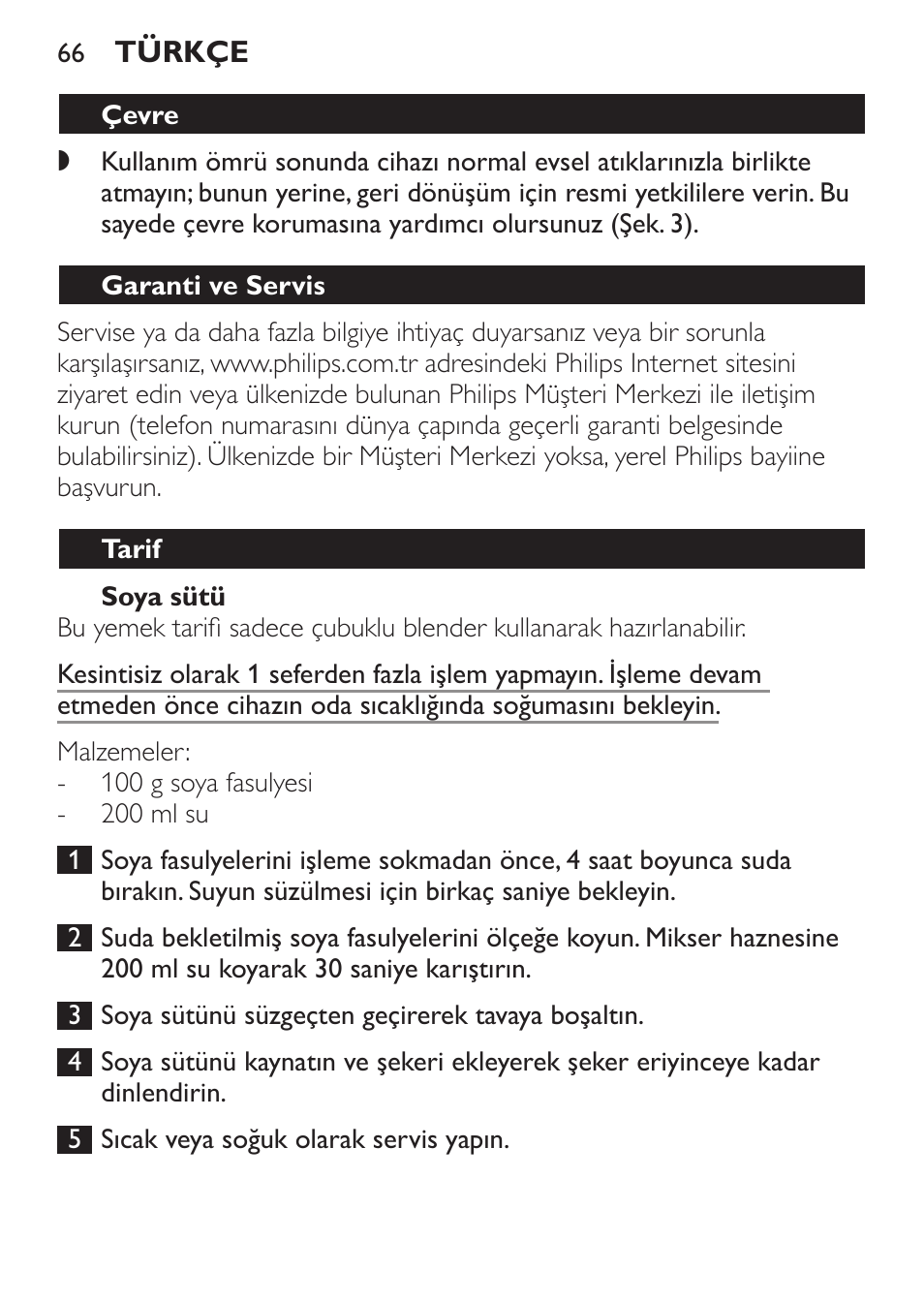 Soya sütü, Çevre, Garanti ve servis | Tarif | Philips Mixeur plongeant User Manual | Page 66 / 68
