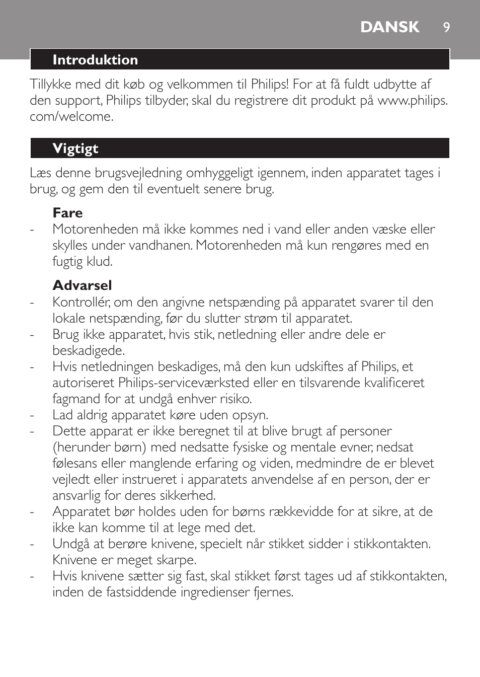 Fare, Advarsel, Dansk | Introduktion, Vigtigt | Philips Mixeur plongeant User Manual | Page 9 / 68