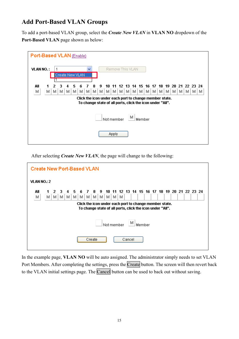 Add port-based vlan groups | Alloy Computer Products GSS-24T2SFP User Manual | Page 15 / 59