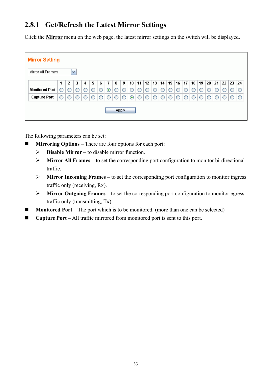 1 get/refresh the latest mirror settings | Alloy Computer Products GSS-24T2SFP User Manual | Page 33 / 59