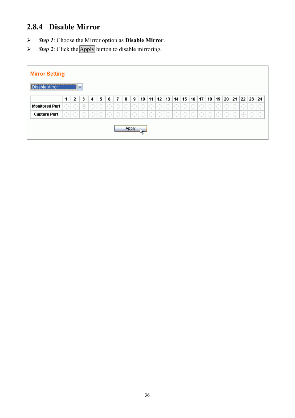 4 disable mirror | Alloy Computer Products GSS-24T2SFP User Manual | Page 36 / 59