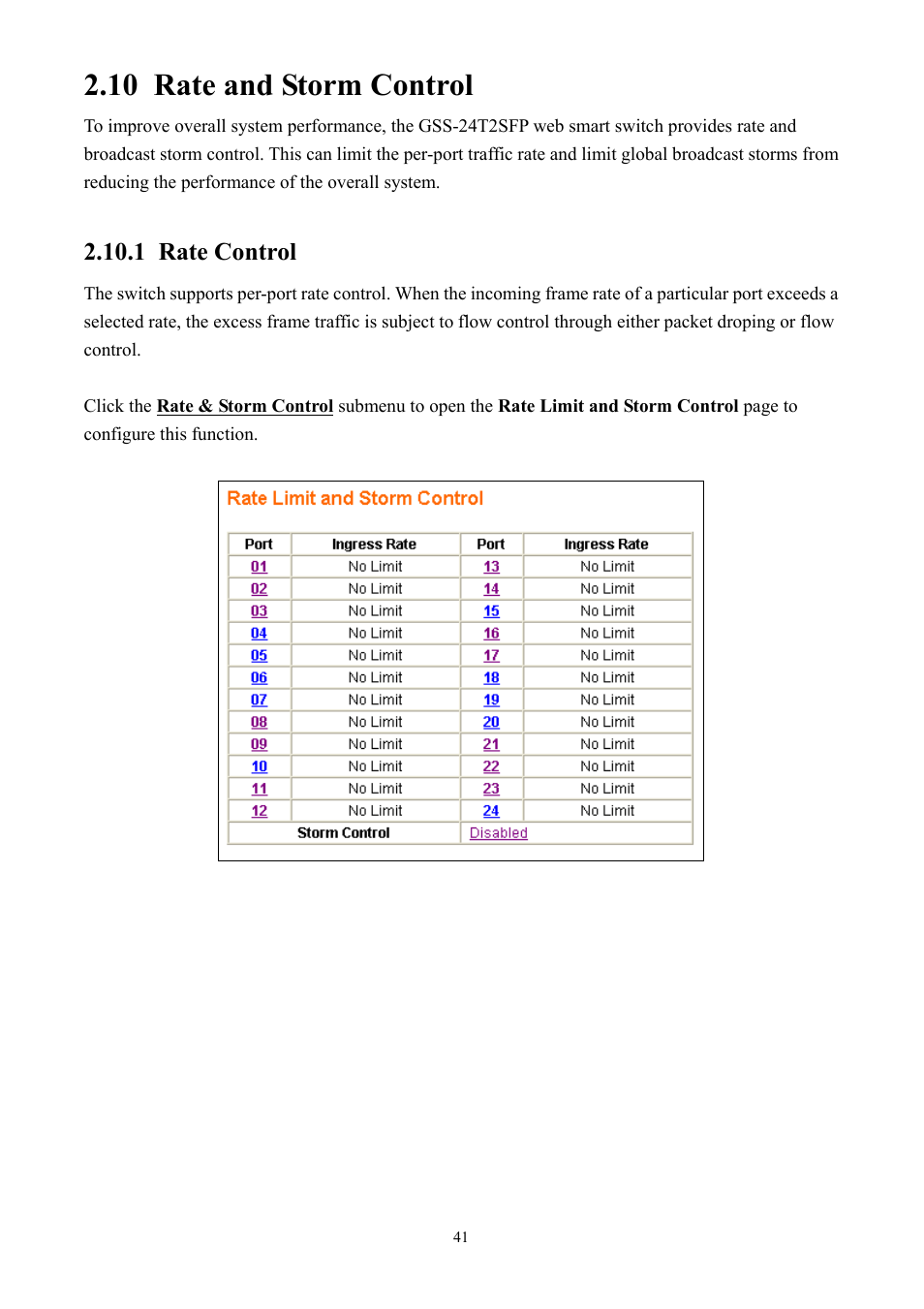 10 rate and storm control, 1 rate control | Alloy Computer Products GSS-24T2SFP User Manual | Page 41 / 59