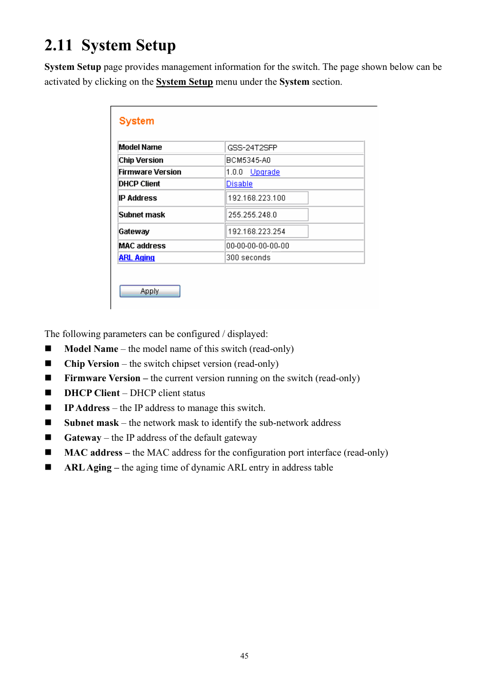 11 system setup | Alloy Computer Products GSS-24T2SFP User Manual | Page 45 / 59