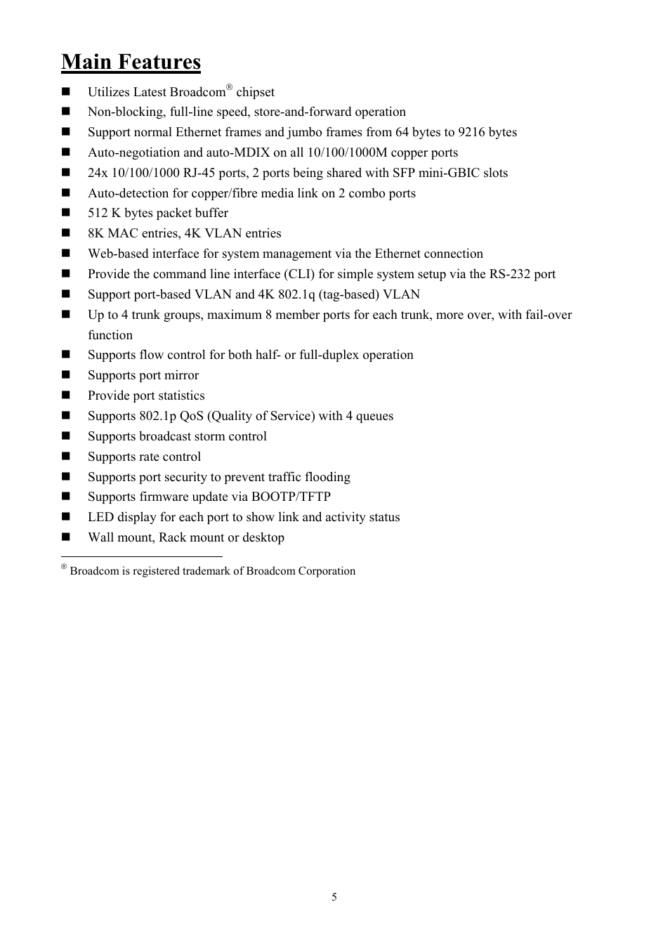 Main features | Alloy Computer Products GSS-24T2SFP User Manual | Page 5 / 59