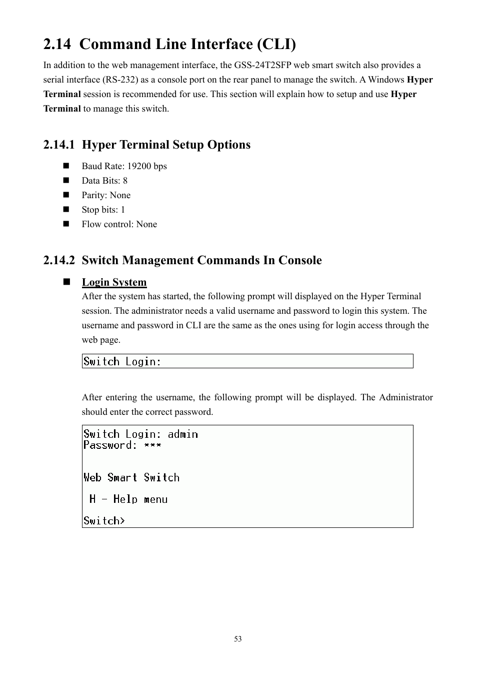 14 command line interface (cli), 1 hyper terminal setup options, 2 switch management commands in console | Alloy Computer Products GSS-24T2SFP User Manual | Page 53 / 59