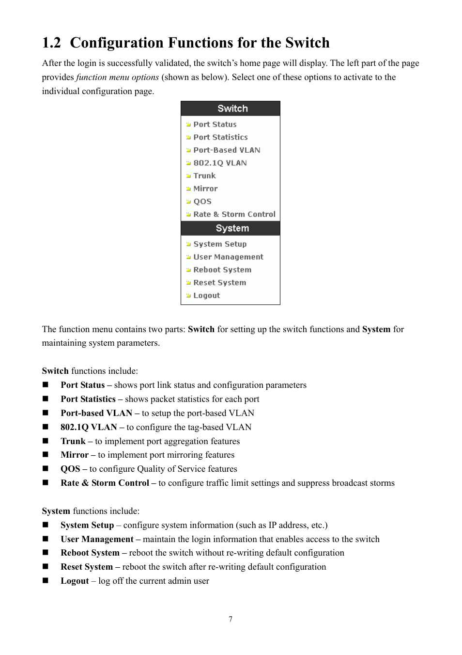 2 configuration functions for the switch | Alloy Computer Products GSS-24T2SFP User Manual | Page 7 / 59