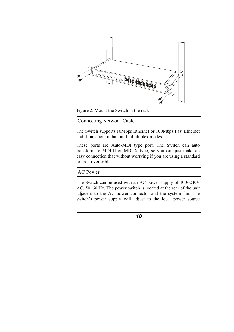 Connecting network cable, Ac power, Figure 2. mount the switch in the rack | Alloy Computer Products NS-24T01FS User Manual | Page 16 / 39