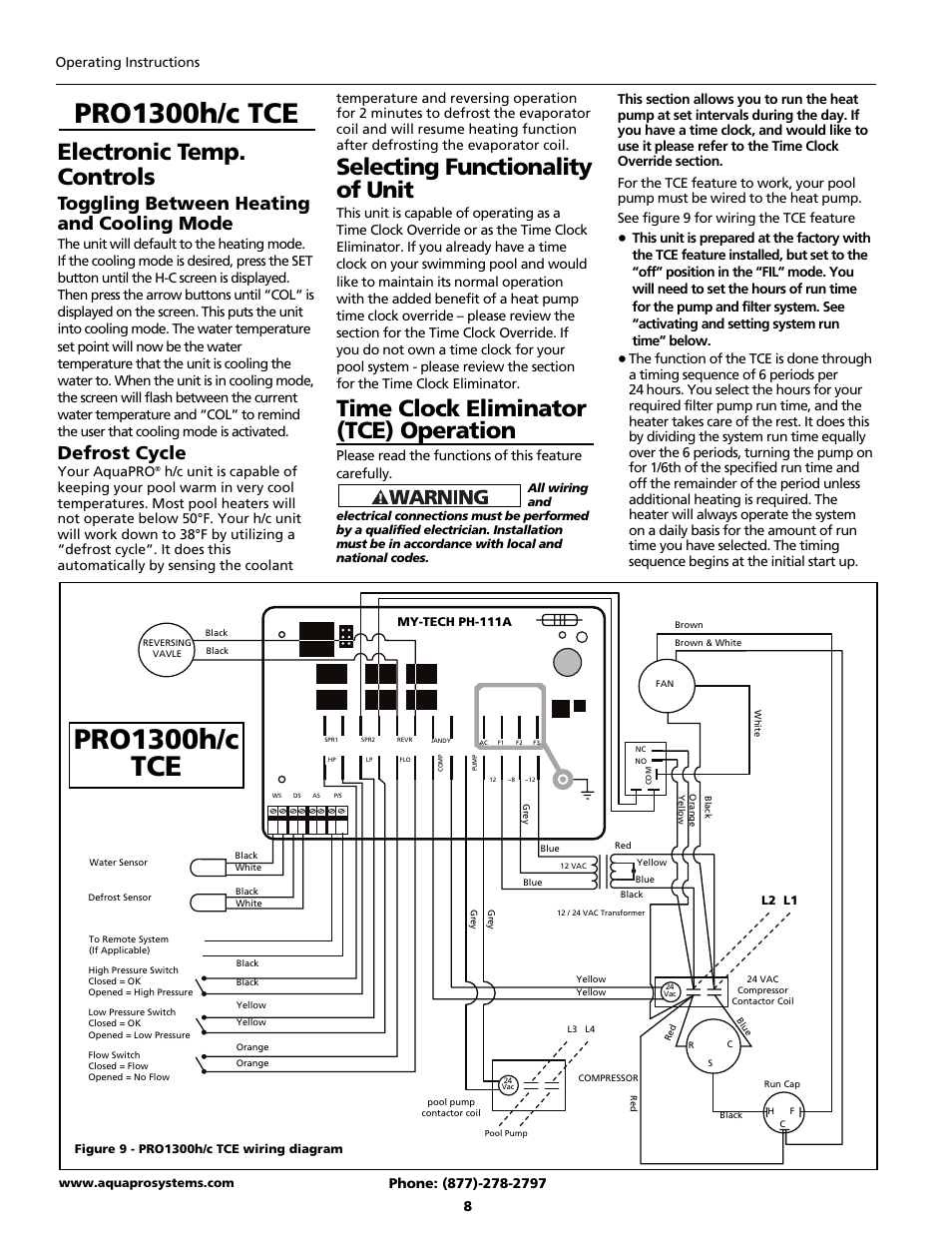 Electronic temp. controls, Selecting functionality of unit, Time clock eliminator (tce) operation | Toggling between heating and cooling mode, Defrost cycle, Operating instructions, Your aquapro | AquaPRO PRO1300 User Manual | Page 10 / 28
