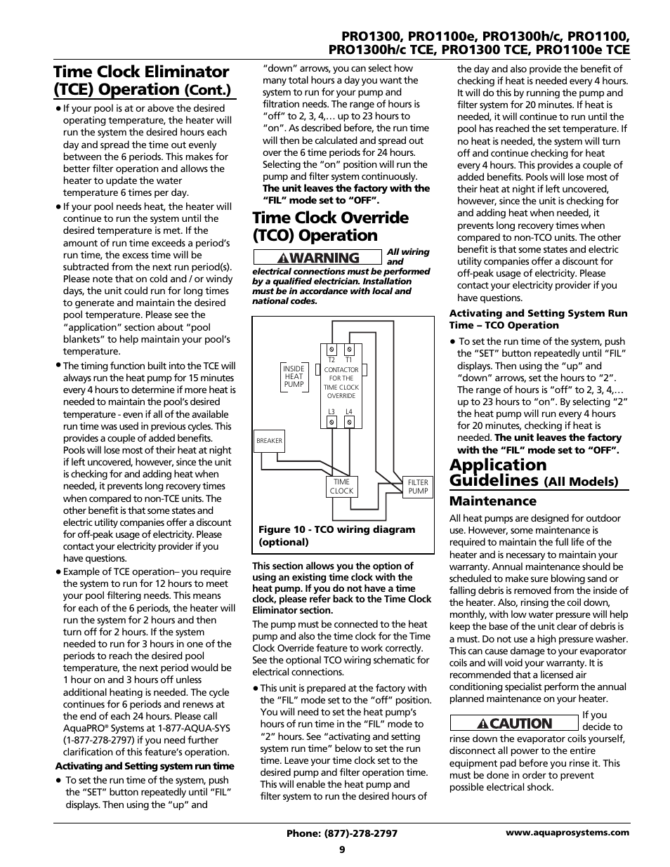 Time clock override (tco) operation, Application guidelines, Time clock eliminator (tce) operation | Cont.), Maintenance | AquaPRO PRO1300 User Manual | Page 11 / 28