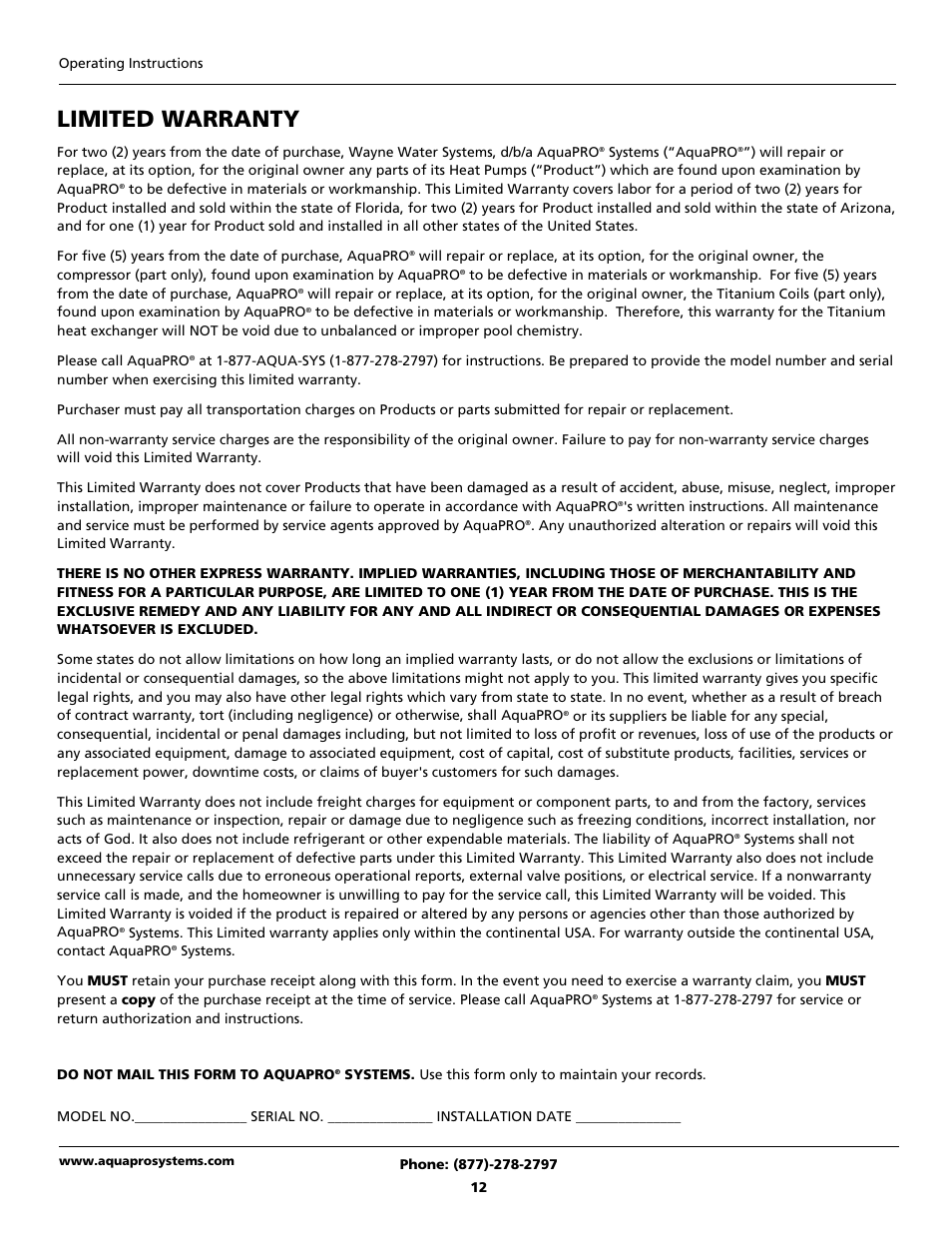 Limited warranty | AquaPRO PRO1300 User Manual | Page 14 / 28