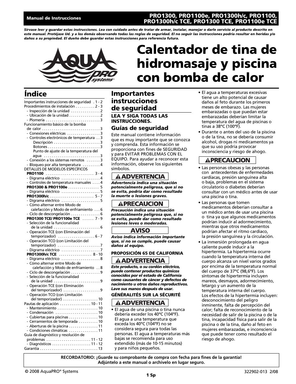 Índice, Importantes instrucciones de seguridad, Guías de seguridad | AquaPRO PRO1300 User Manual | Page 15 / 28