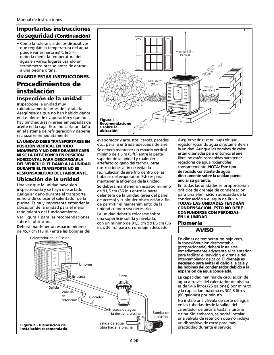 Procedimientos de instalación, Importantes instrucciones de seguridad, Inspección de la unidad | Ubicación de la unidad, Plomería, Continuación) | AquaPRO PRO1300 User Manual | Page 16 / 28
