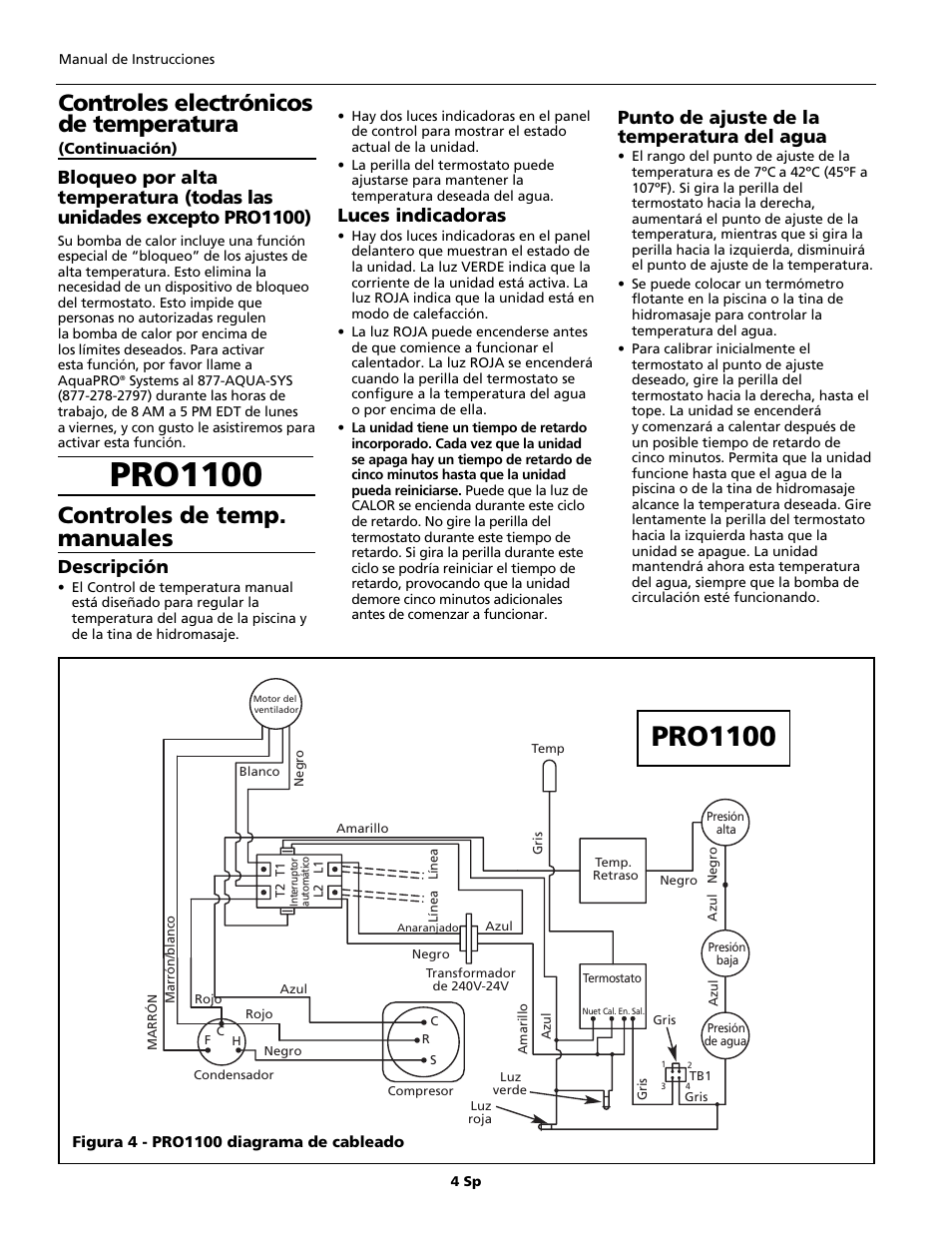 Pro1100, Controles de temp. manuales, Controles electrónicos de temperatura | Descripción, Luces indicadoras, Punto de ajuste de la temperatura del agua | AquaPRO PRO1300 User Manual | Page 18 / 28