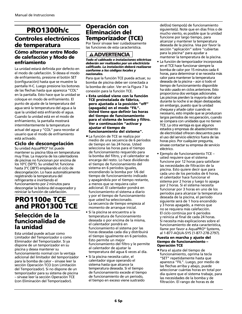 Controles electrónicos de temperatura, Selección de la funcionalidad de la unidad, Operación con eliminación del temporizador (tce) | AquaPRO PRO1300 User Manual | Page 20 / 28