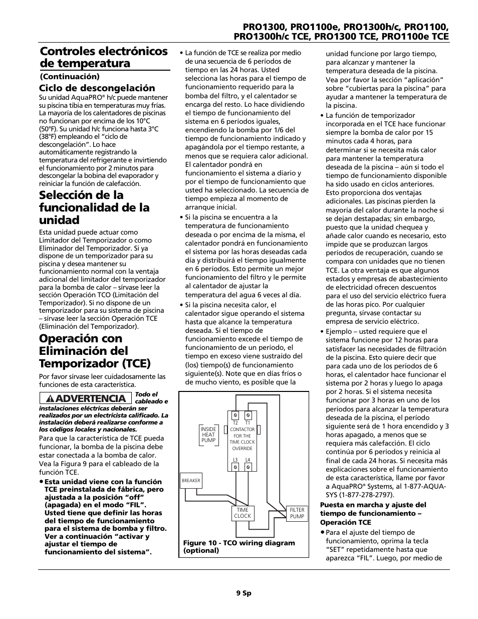Selección de la funcionalidad de la unidad, Operación con eliminación del temporizador (tce), Controles electrónicos de temperatura | Ciclo de descongelación | AquaPRO PRO1300 User Manual | Page 23 / 28